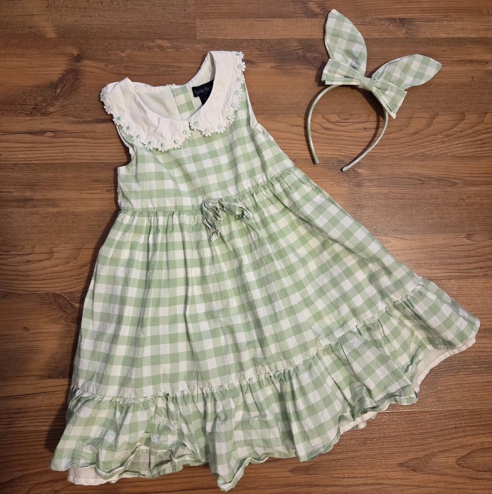Gingham Kids Spring Dress with Bunny Headband